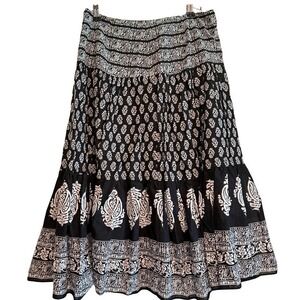 Chaps Skirt 6 Black White Block Print Tiered Cotton Midi Bohemian Zipper Lined